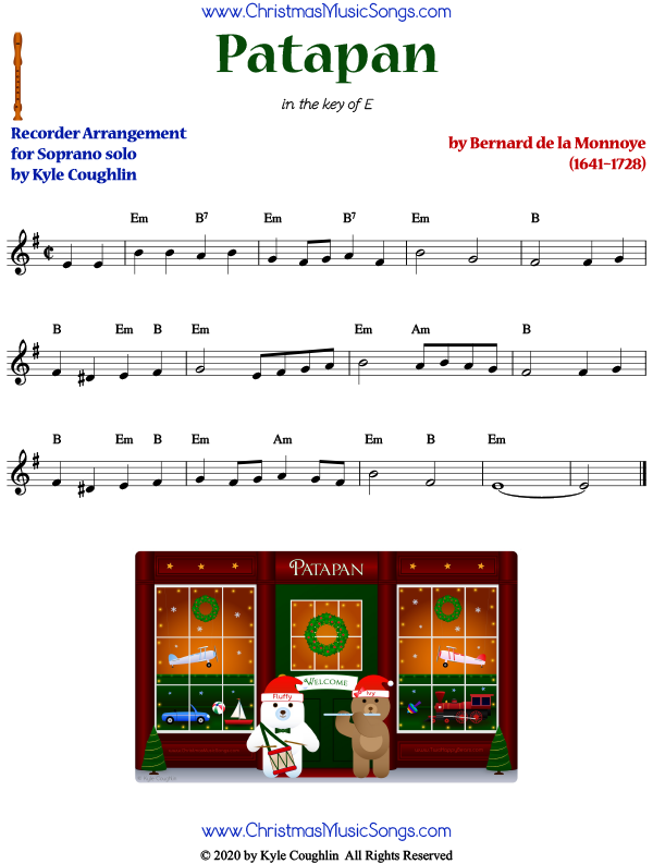 Patapan, arranged for soprano recorder in the key of E.