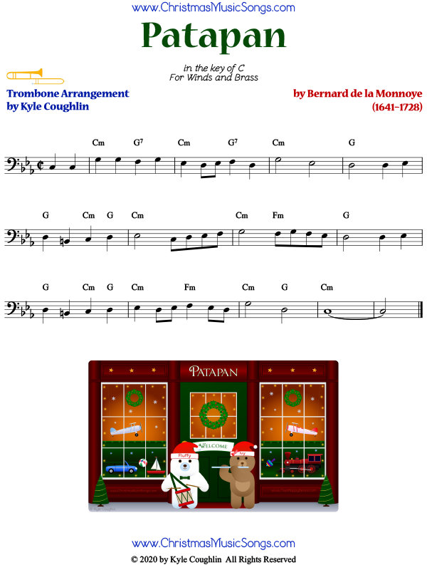 Patapan trombone sheet music, arranged to play along with other woodwinds and brass.