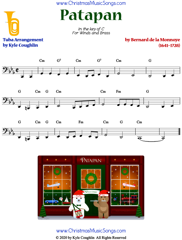 Patapan tuba sheet music, arranged to play along with other woodwinds and brass.