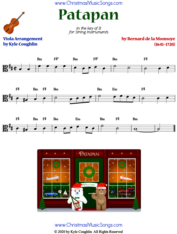 Patapan viola sheet music, arranged to play solo or with other string instruments.