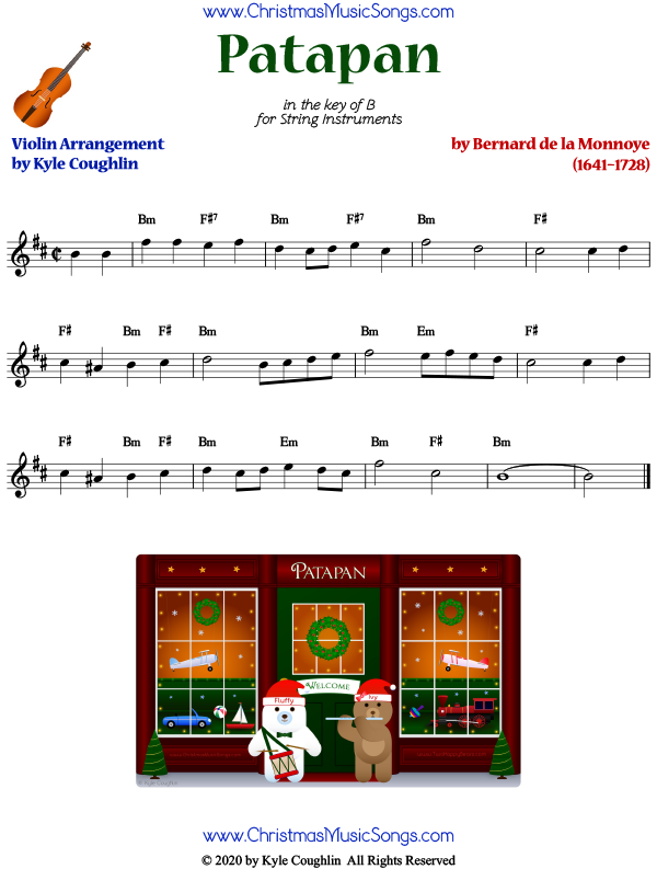 Patapan violin sheet music, arranged to play solo or with other string instruments.