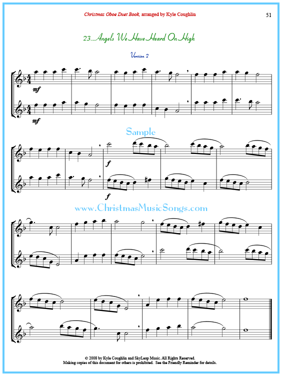 Angels We Have Heard On High oboe duet sheet music, with alternating melody lines.
