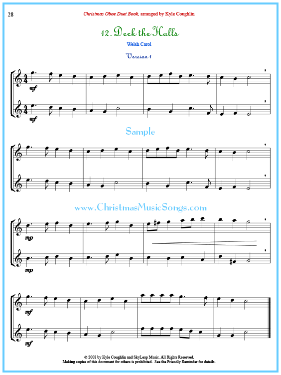 Deck the Halls oboe duet sheet music.