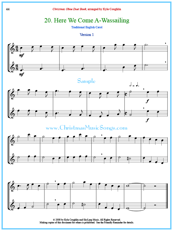 Here We Come A-Wassailing oboe duet sheet music.