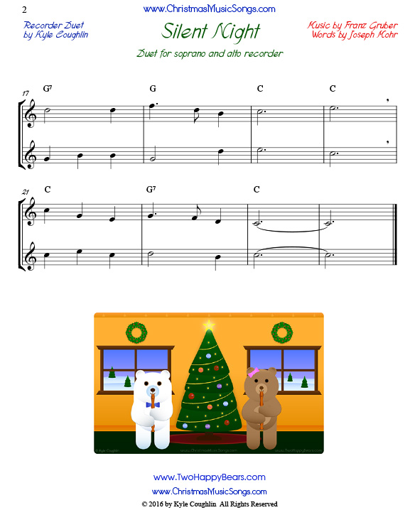 Silent Night recorder duet, with picture of Two Happy Bears.