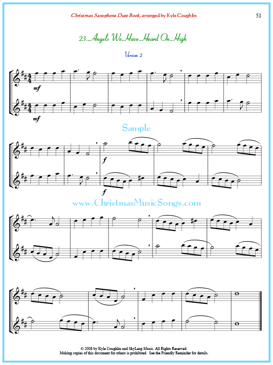 Angels We Have Heard On High saxophone duet sheet music, with alternating melody lines.