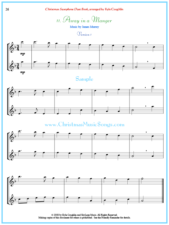 Away in a Manger saxophone duet sheet music.