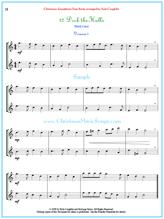 Deck the Halls saxophone duet sheet music.