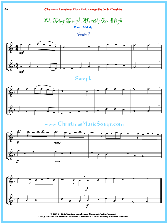 Ding Dong! Merrily on High saxophone duet sheet music.