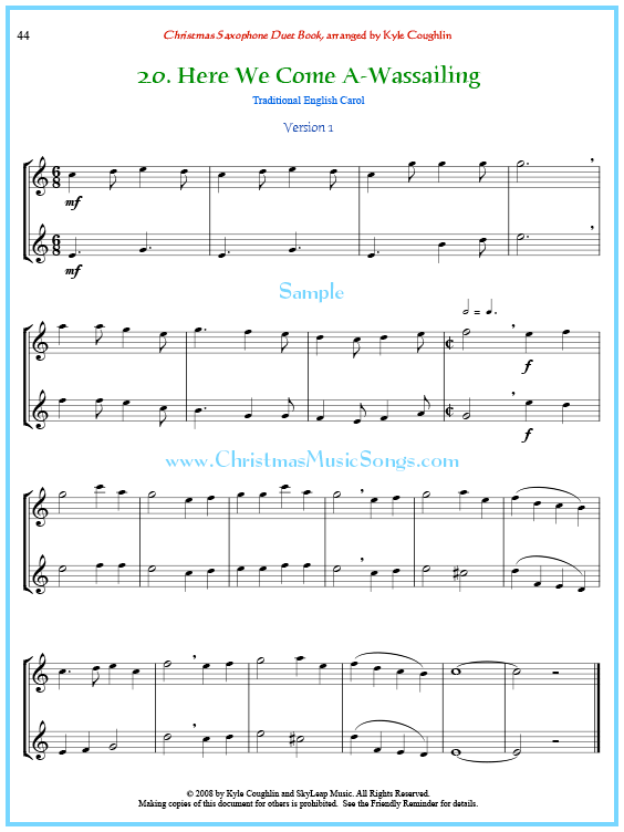 Here We Come A-Wassailing saxophone duet sheet music.