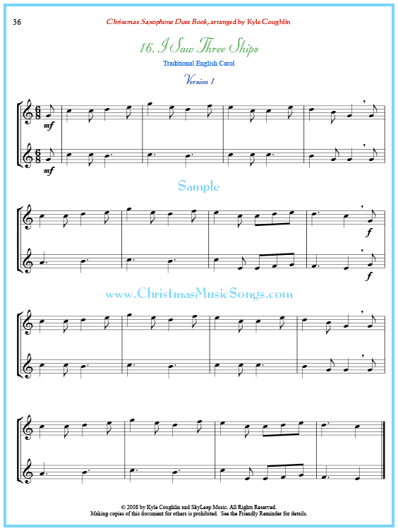 I Saw Three Ships saxophone duet sheet music.