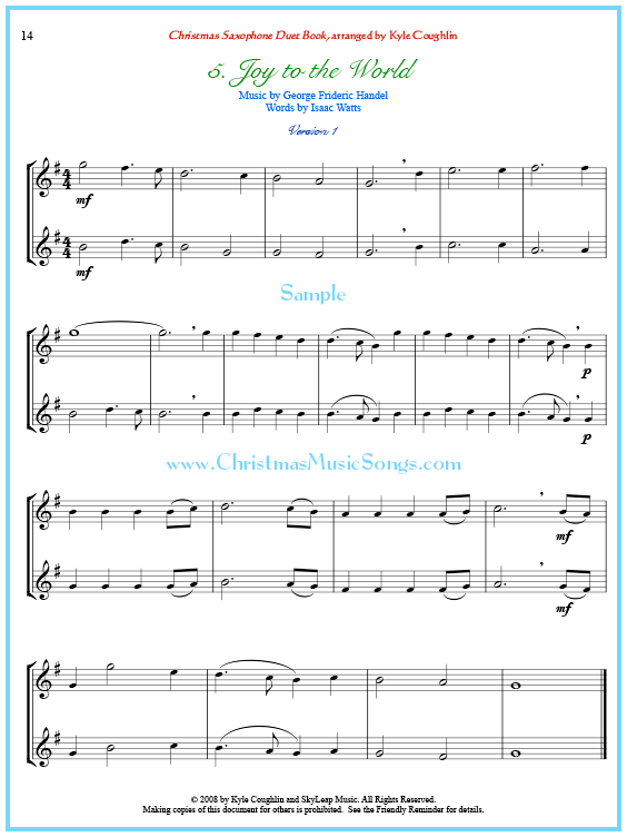 Joy to the World saxophone duet sheet music.