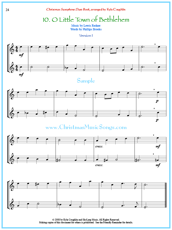 O Little Town of Bethlehem saxophone duet sheet music.