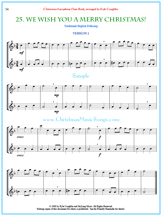 We Wish You a Merry Christmas saxophone duet sheet music.